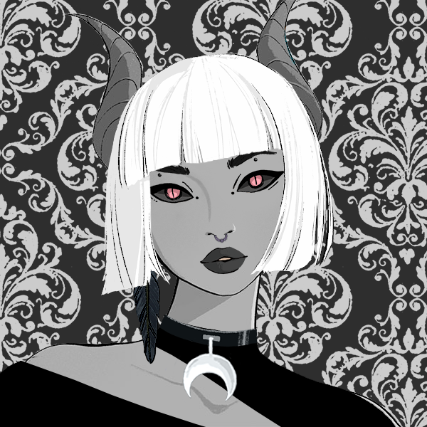 Picrew of grey tiefling with white hair and black eyes