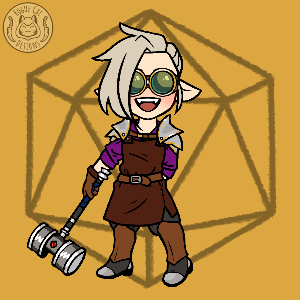 Picrew of a halfling wearing goggles and holding a big hammer