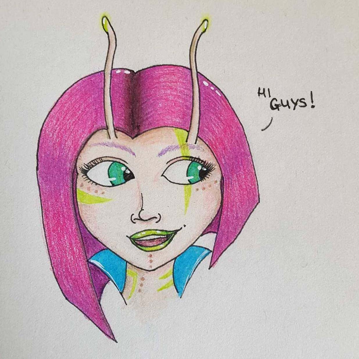 Drawing of a Lashunta with neon pink hair, and neon green markings on her face