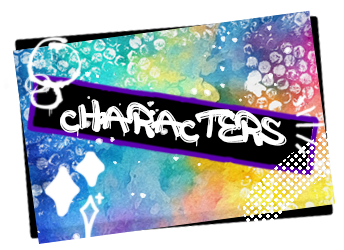 a title card with rainbow colours and white spraypaint, saying characters