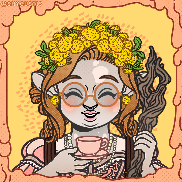 picrew of a grey Firbolg with blond braids holding a cup of tea
