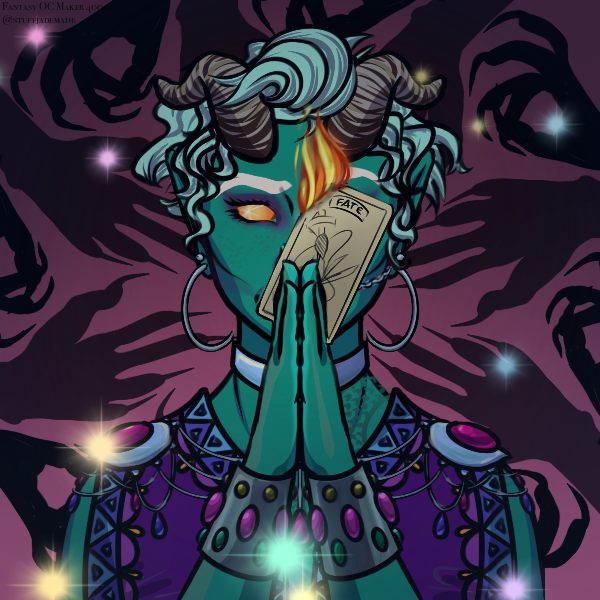 picrew of a teal coloured tiefling with yellow eyes. Xe are wearing bright clothing, decorated with jewels, and holding a tarot card in front of aer face