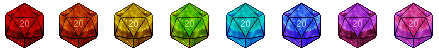 a row of pixel d20, one in each colour of the rainbow