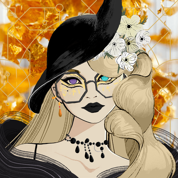 Picrew of a pale elf wearing all black with golden accents