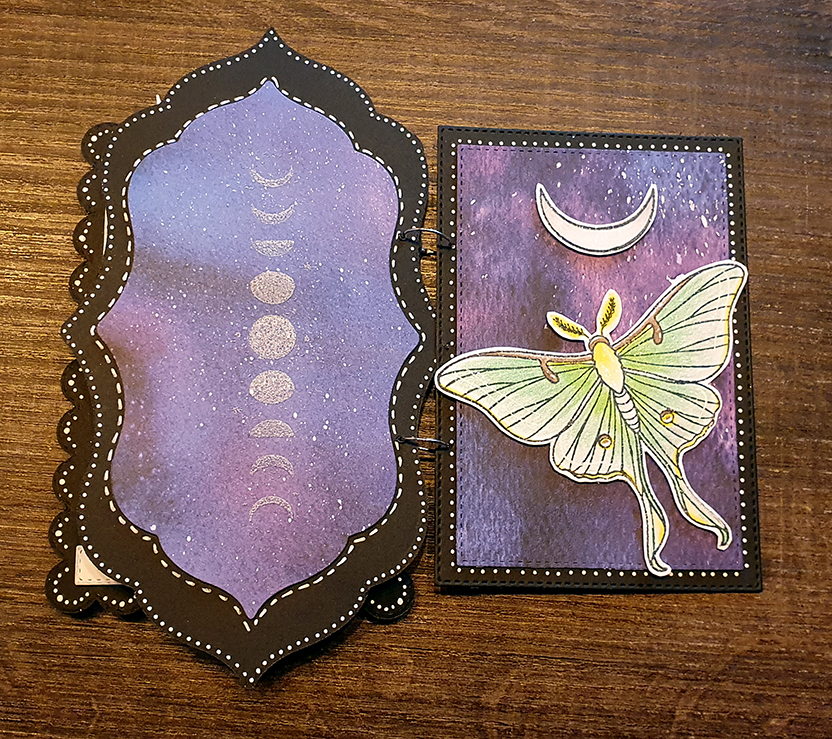 the sixth and seventh card of a set of birthday cards which are bound together like a booklet. The cards are black, with a galaxy background. The card on the left has moonphases stamped in silver. The card on the right has a stamped lunar moth and thin moon crescent.