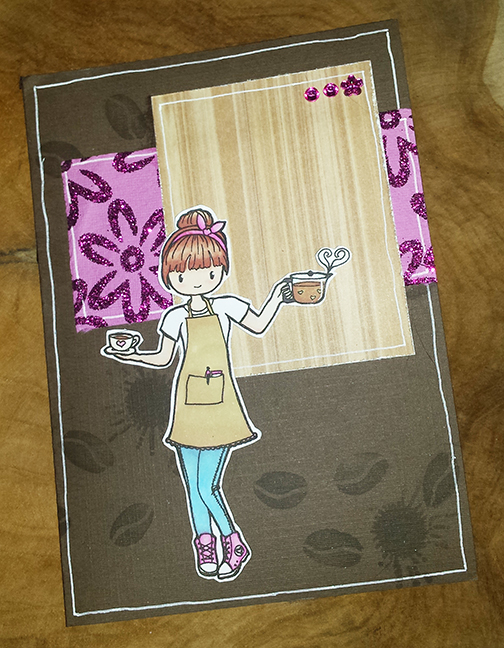 A brown card with coffee beans and stains in the background, and brown and pink papers layered on it. In the front stands a stamp of a barista, wearing an apron and holding a cup of coffee in one hand, and a pot of coffee in the other.
