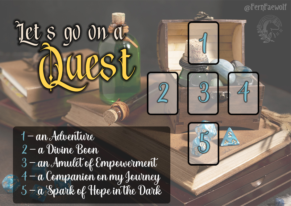 A picture of a table filled with books, dice, and potions. Over it is the tarot spread and the meanings of the positions